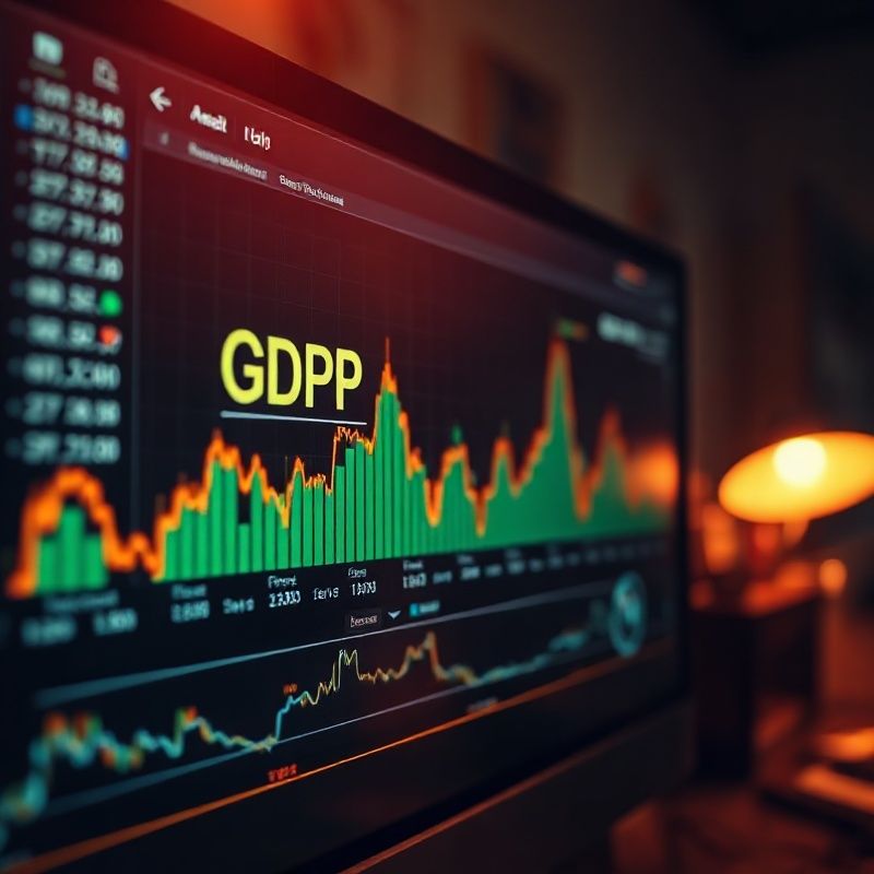 GDP and employment data visualisation on a monitor in a dimly lit analyst workspace