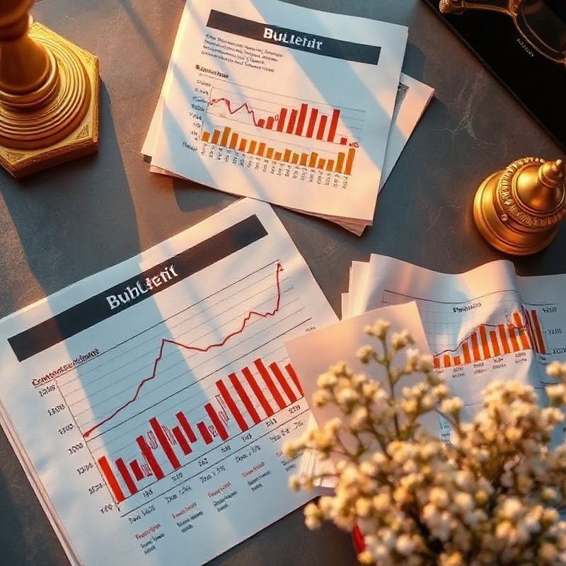Printed economic data charts and RBI bulletin pages on a slate-grey desk