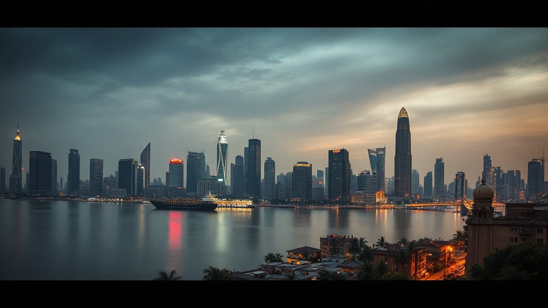 Mumbai financial district skyline at dusk with harbour reflections