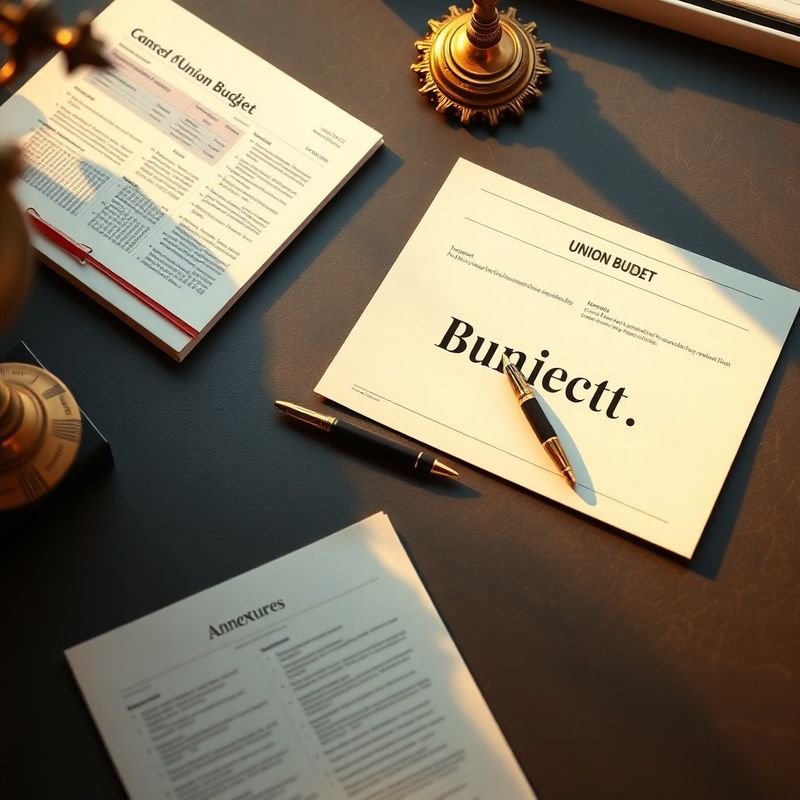 Union Budget documents, printed annexures and a fountain pen on a dark slate-grey surface
