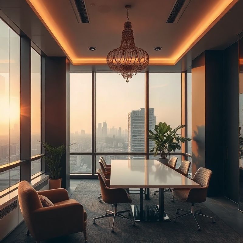 A clean professional office at Nariman Point Mumbai with large windows and city view